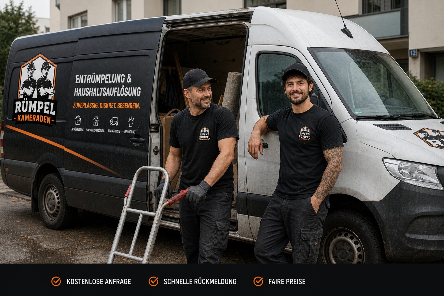 Das Team der Rümpel Kameraden mit Sackkarre vor dem Transporter – Entrümpelung & Haushaltsauflösung in Hessen